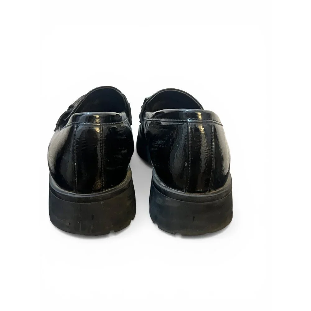 Nine West Black Patent Leather Chunky Lug Sole Loafers With Chain Accent Size 10